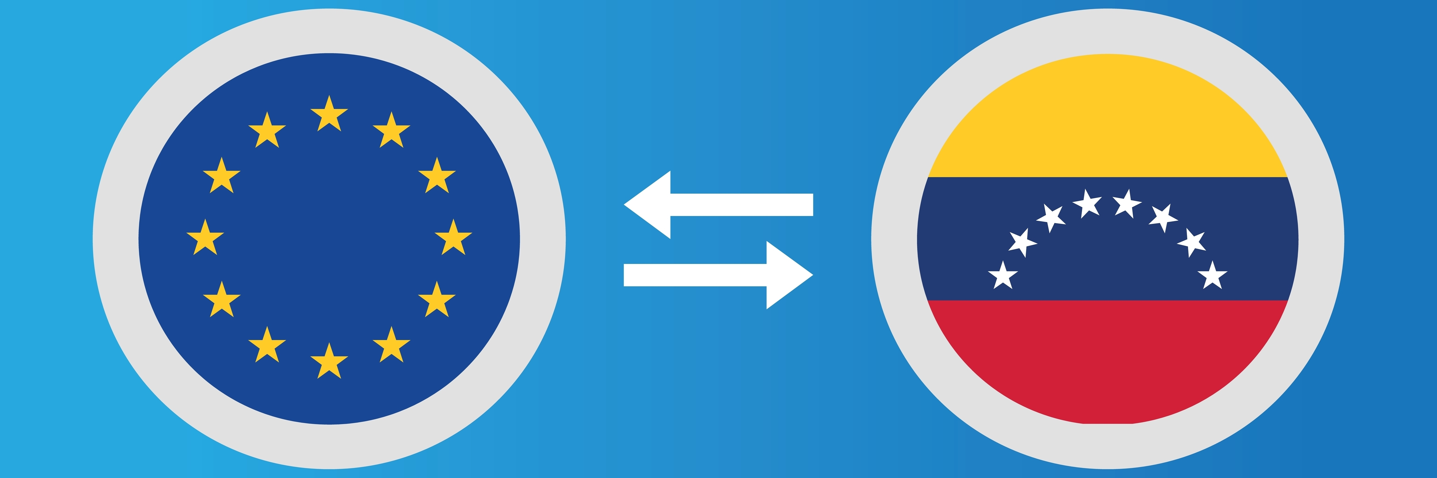 Iconos redondos con el concepto de tipo de cambio de bandera de la Unión Europea y Venezuela